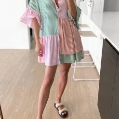 Levency New In Stripe Color Block Half Button Mini Dress