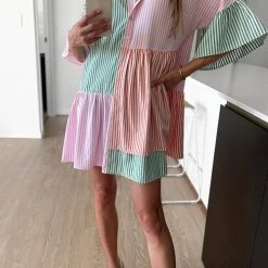 Levency New In Stripe Color Block Half Button Mini Dress