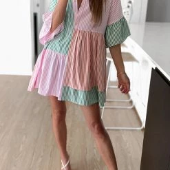 Levency New In Stripe Color Block Half Button Mini Dress