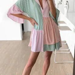 Levency New In Stripe Color Block Half Button Mini Dress