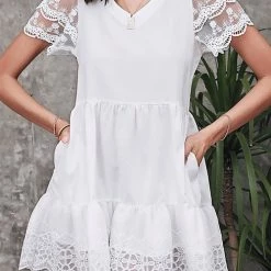 Levency New In Lace V Neck Pockets Mini Dress