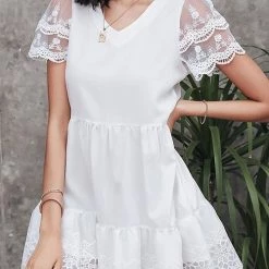 Levency New In Lace V Neck Pockets Mini Dress