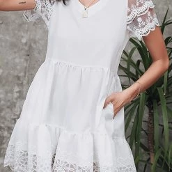 Levency New In Lace V Neck Pockets Mini Dress