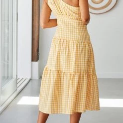 Levency Plaid One Shoulder Layer Midi Dress New In