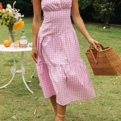 Levency Plaid One Shoulder Layer Midi Dress New In