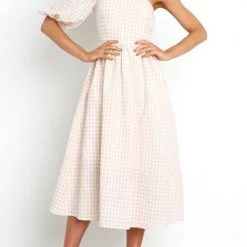 Levency New In Plaid Puff One Shoulder Midi Dress