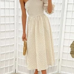Levency New In Plaid Puff One Shoulder Midi Dress