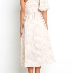 Levency New In Plaid Puff One Shoulder Midi Dress