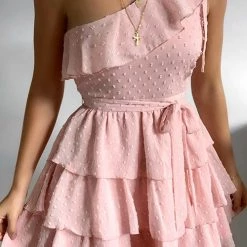 Levency Bow Tie One Shoulder Bleted Tiered Dress