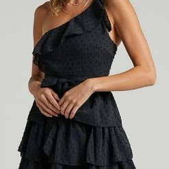 Levency Bow Tie One Shoulder Bleted Tiered Dress