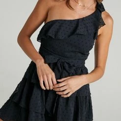 Levency Bow Tie One Shoulder Bleted Tiered Dress