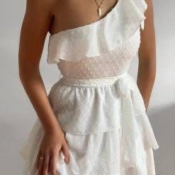 Levency Bow Tie One Shoulder Bleted Tiered Dress