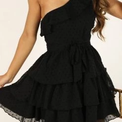 Levency Bow Tie One Shoulder Bleted Tiered Dress