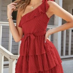 Levency Bow Tie One Shoulder Bleted Tiered Dress