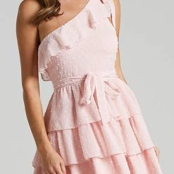 Levency Bow Tie One Shoulder Bleted Tiered Dress