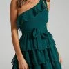 Levency Bow Tie One Shoulder Bleted Tiered Dress