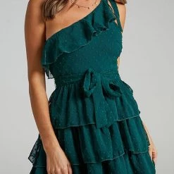 Levency Bow Tie One Shoulder Bleted Tiered Dress