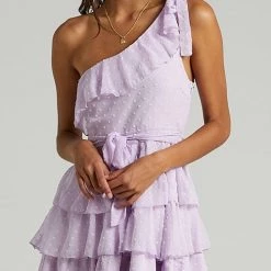 Levency Bow Tie One Shoulder Bleted Tiered Dress