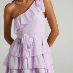 Levency Bow Tie One Shoulder Bleted Tiered Dress