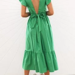 Levency New In Ruffles Empire Waist Tie Backless Dress
