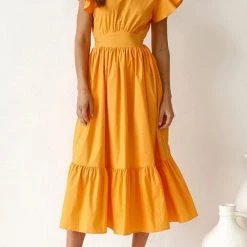 Levency New In Ruffles Empire Waist Tie Backless Dress