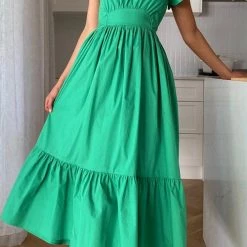 Levency New In Ruffles Empire Waist Tie Backless Dress