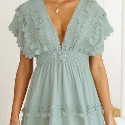 Levency Lace Hem V Neck Backless Mini Dress New In