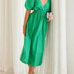 Levency Cut Out Waist V Neck Puff Sleeve Dress