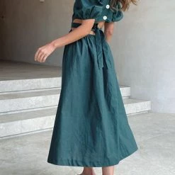 Levency Cut Out Waist V Neck Puff Sleeve Dress