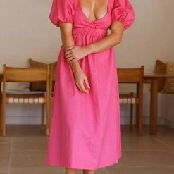 Levency Cut Out Waist V Neck Puff Sleeve Dress