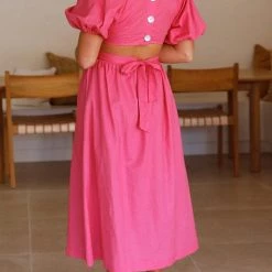 Levency Cut Out Waist V Neck Puff Sleeve Dress