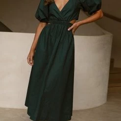 Levency Cut Out Waist V Neck Puff Sleeve Dress