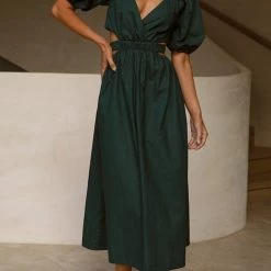 Levency Cut Out Waist V Neck Puff Sleeve Dress