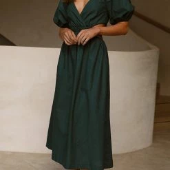 Levency Cut Out Waist V Neck Puff Sleeve Dress