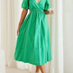 Levency Cut Out Waist V Neck Puff Sleeve Dress