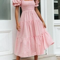 Levency Plaid Square Neck Puff Sleeve Midi Dress New In