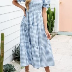 Levency Plaid Square Neck Puff Sleeve Midi Dress New In