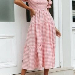 Levency Plaid Square Neck Puff Sleeve Midi Dress New In