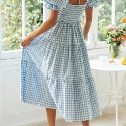 Levency Plaid Square Neck Puff Sleeve Midi Dress New In