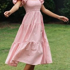 Levency Plaid Square Neck Puff Sleeve Midi Dress New In