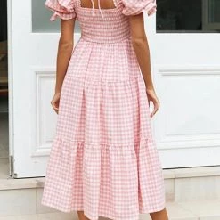 Levency Plaid Square Neck Puff Sleeve Midi Dress New In