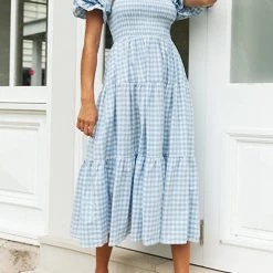 Levency Plaid Square Neck Puff Sleeve Midi Dress New In