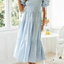 Levency Plaid Square Neck Puff Sleeve Midi Dress New In