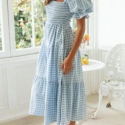 Levency Plaid Square Neck Puff Sleeve Midi Dress New In