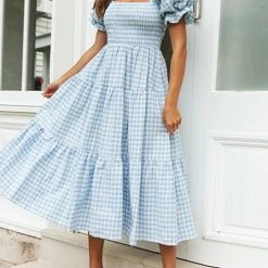 Levency Plaid Square Neck Puff Sleeve Midi Dress New In