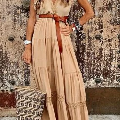 Levency Lace V Neck Sleeveless Layer Maxi Dress