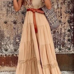 Levency Lace V Neck Sleeveless Layer Maxi Dress