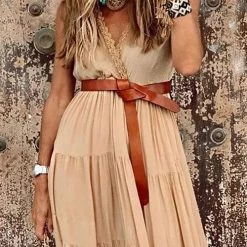 Levency Lace V Neck Sleeveless Layer Maxi Dress