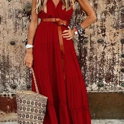Levency Lace V Neck Sleeveless Layer Maxi Dress