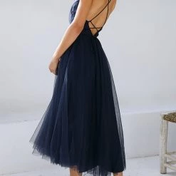 Levency Plunging Neck Backless Mesh Midi Dress New In